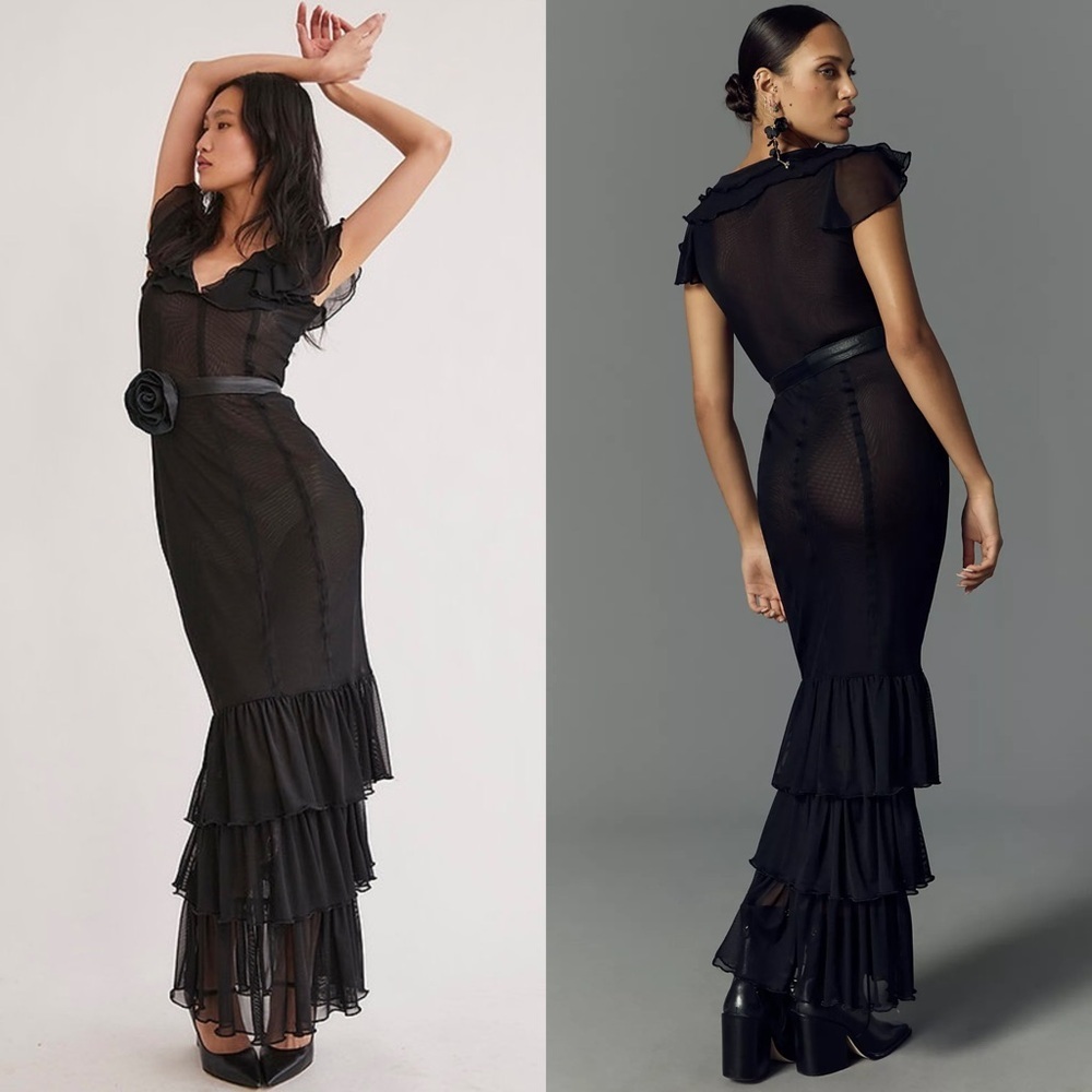 NWT TACH Handmade Sheer‎ Tulle V-Neck Short Sleeve Tiered Ruffle Hem Maxi Gown S - Picture 7 of 12